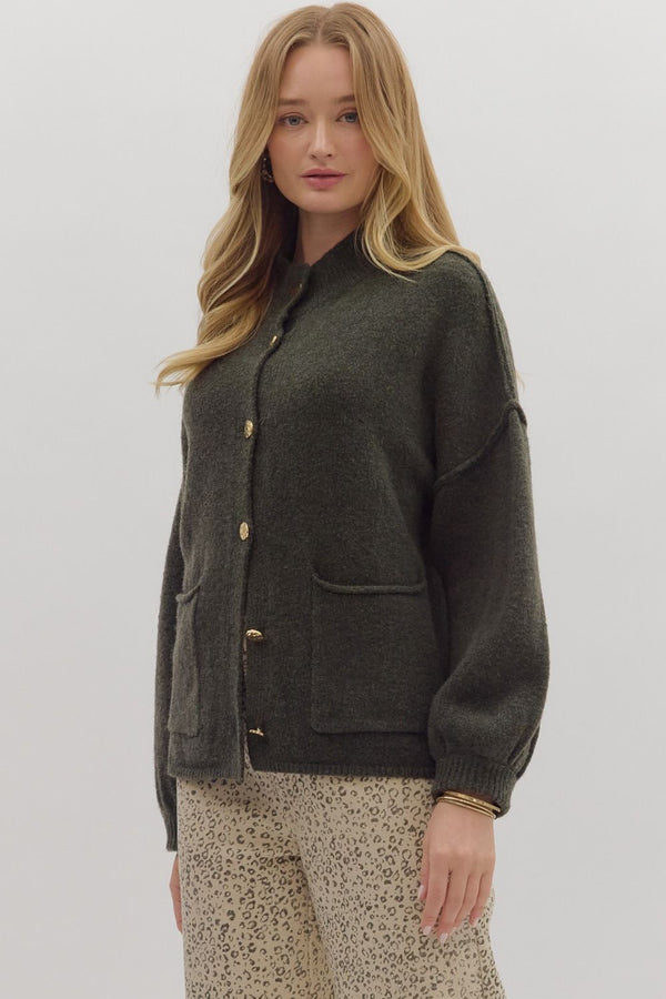 Olive Knit Cardigan with Mock Neck