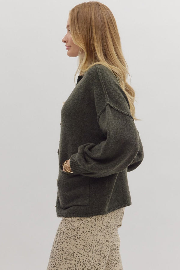 Olive Knit Cardigan with Mock Neck