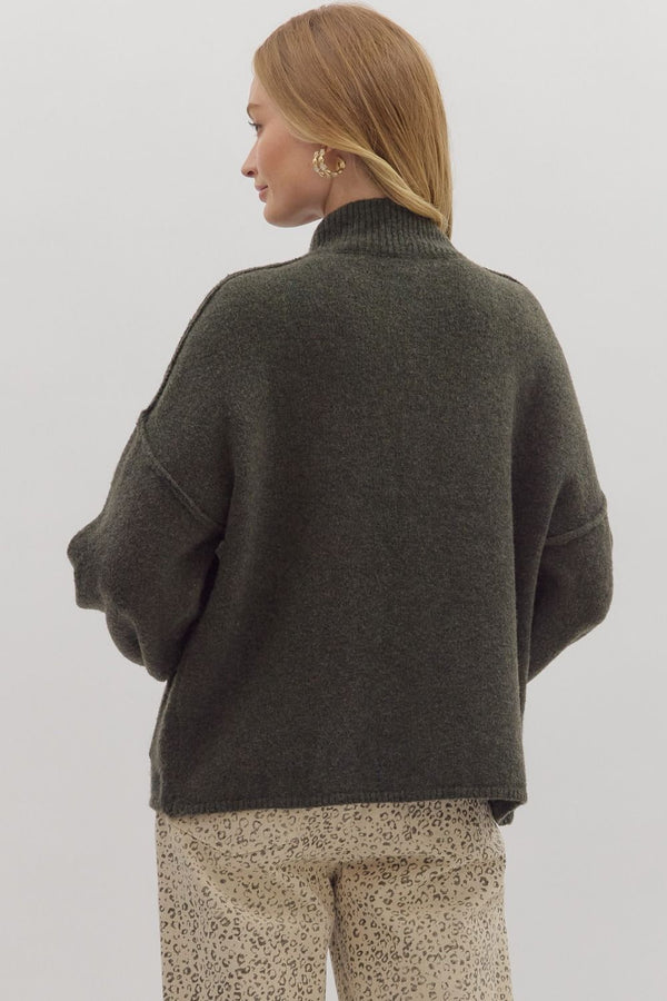Olive Knit Cardigan with Mock Neck