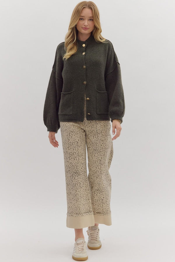 Olive Knit Cardigan with Mock Neck