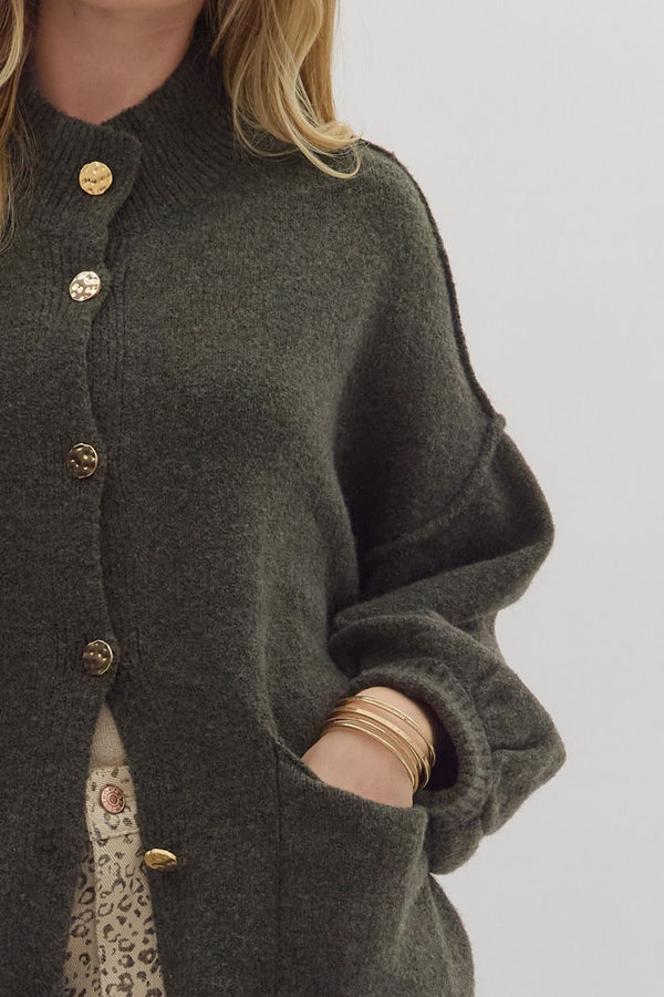 Olive Knit Cardigan with Mock Neck