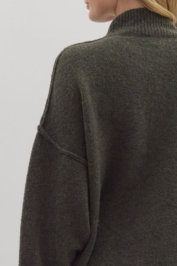 Olive Knit Cardigan with Mock Neck