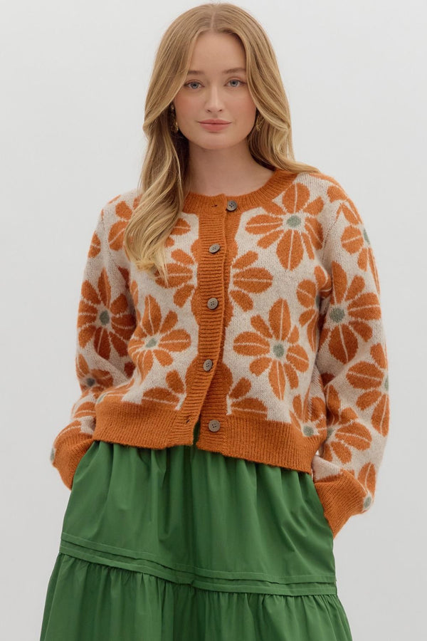 Rust Floral Sweater Knit Cardigan