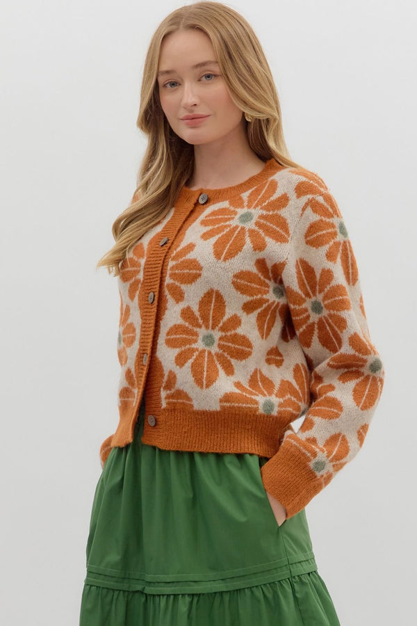 Rust Floral Sweater Knit Cardigan