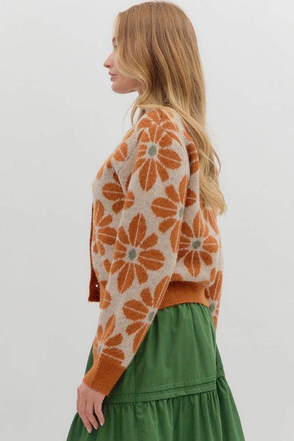 Rust Floral Sweater Knit Cardigan
