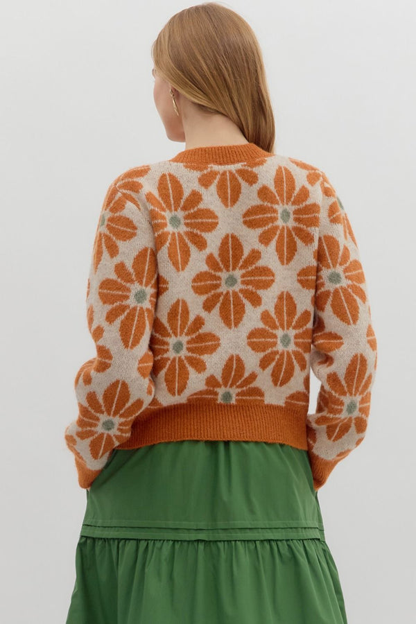 Rust Floral Sweater Knit Cardigan