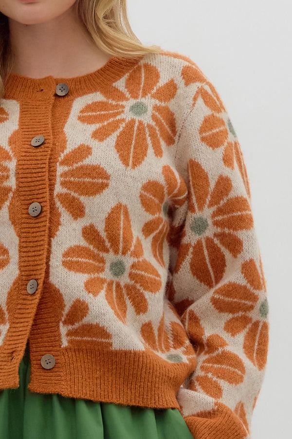 Rust Floral Sweater Knit Cardigan