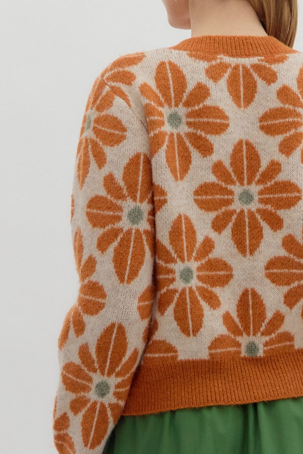 Rust Floral Sweater Knit Cardigan