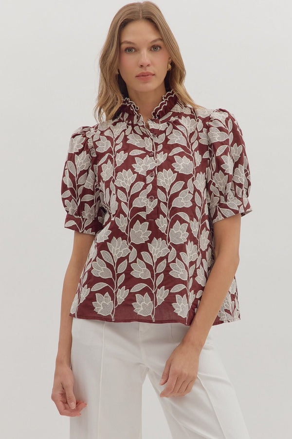Botanical Embroidery Short Puff Sleeve Top