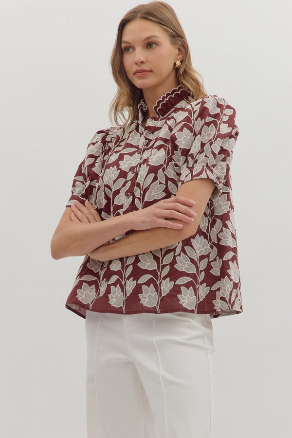 Botanical Embroidery Short Puff Sleeve Top