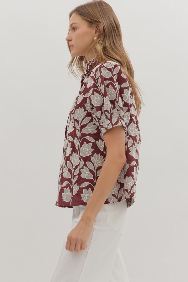 Botanical Embroidery Short Puff Sleeve Top