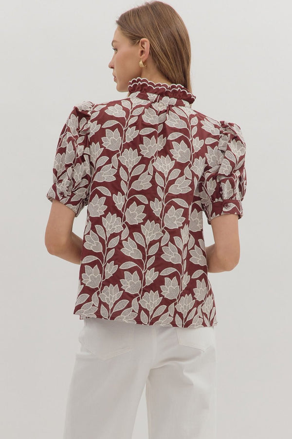 Botanical Embroidery Short Puff Sleeve Top