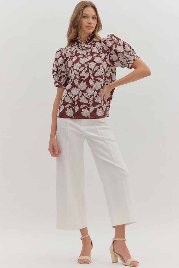 Botanical Embroidery Short Puff Sleeve Top