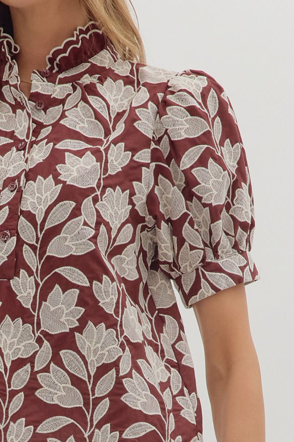 Botanical Embroidery Short Puff Sleeve Top