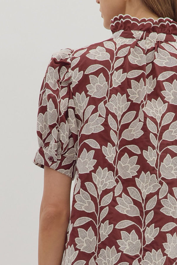 Botanical Embroidery Short Puff Sleeve Top