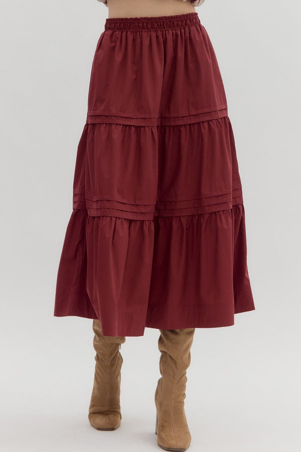 Burgundy Pleated Tiered Midi Skirt