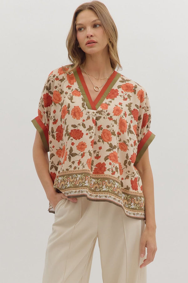 Rust Floral Print Short Sleeve Top