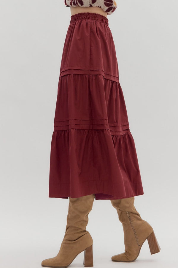Burgundy Pleated Tiered Midi Skirt