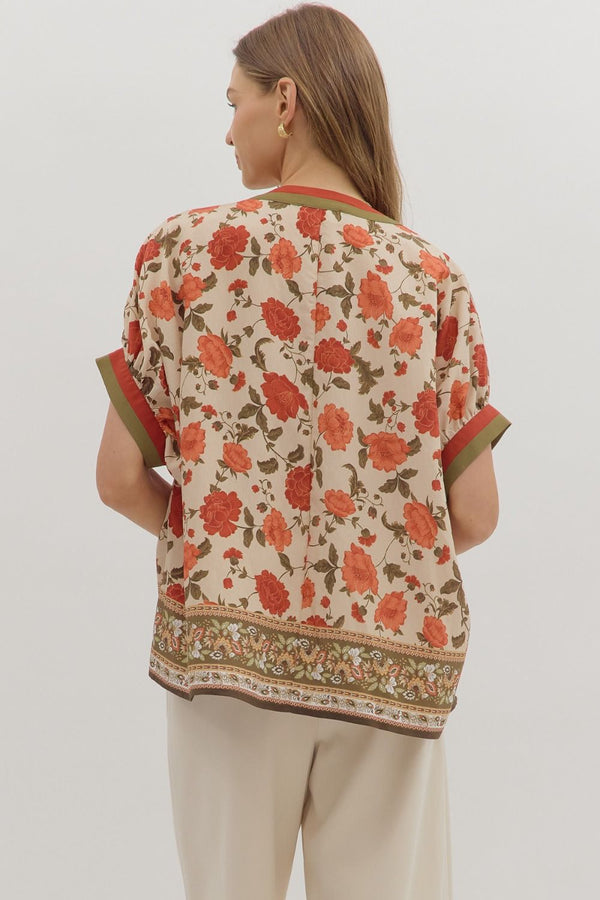 Rust Floral Print Short Sleeve Top