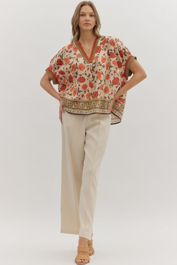 Rust Floral Print Short Sleeve Top