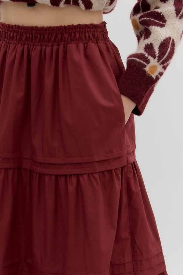 Burgundy Pleated Tiered Midi Skirt