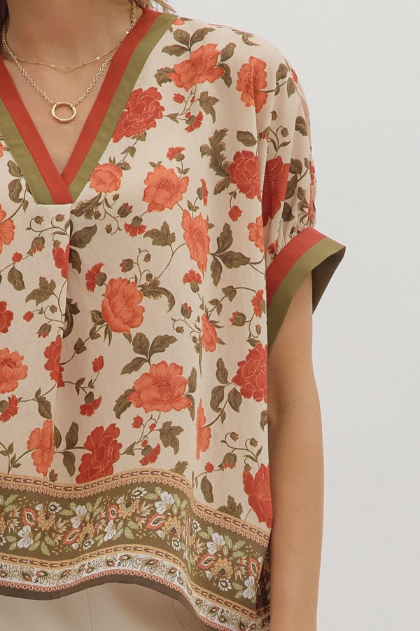 Rust Floral Print Short Sleeve Top