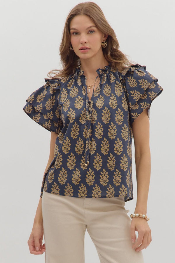 Midnight Botanical Ruffle V Neck Top