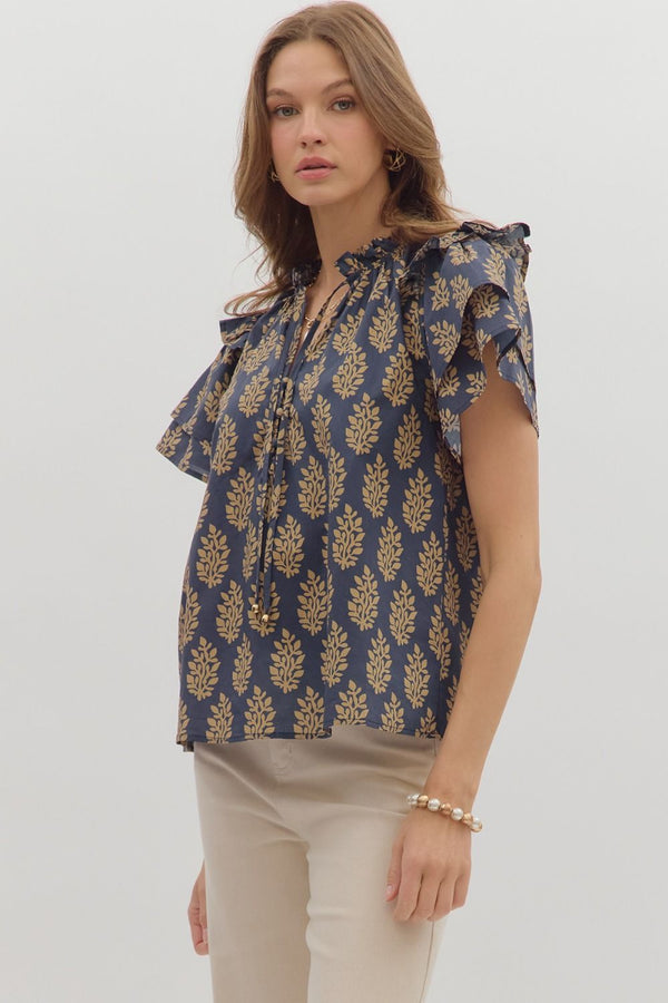 Midnight Botanical Ruffle V Neck Top