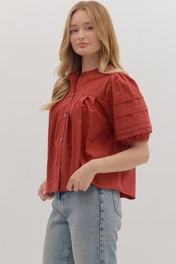 Brick Solid Pintuck Short Puff Sleeve Top