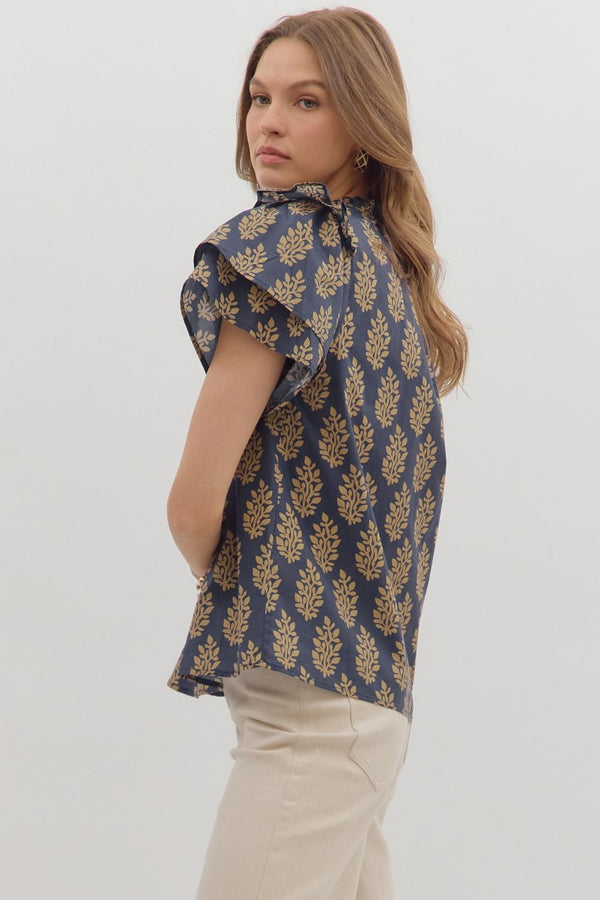 Midnight Botanical Ruffle V Neck Top