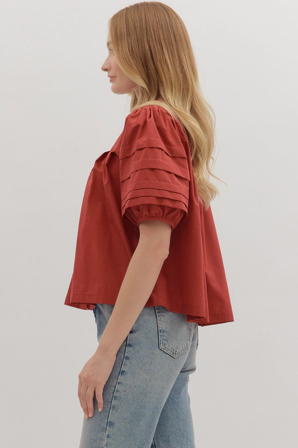 Brick Solid Pintuck Short Puff Sleeve Top