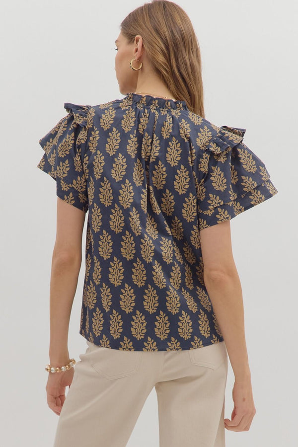 Midnight Botanical Ruffle V Neck Top
