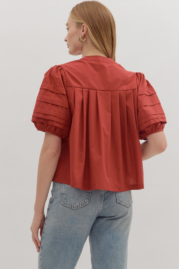 Brick Solid Pintuck Short Puff Sleeve Top