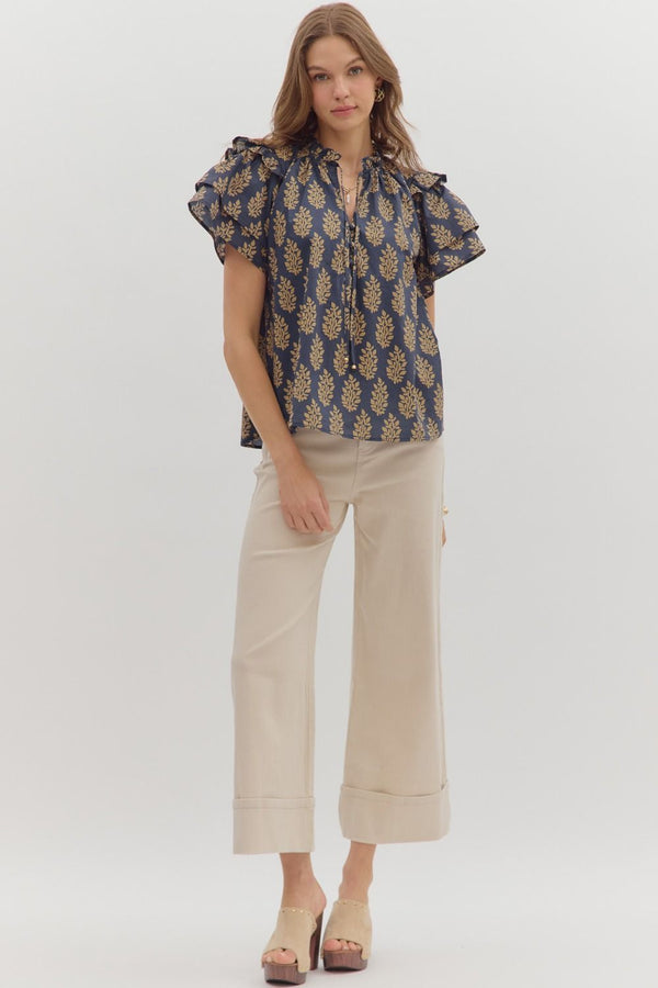 Midnight Botanical Ruffle V Neck Top