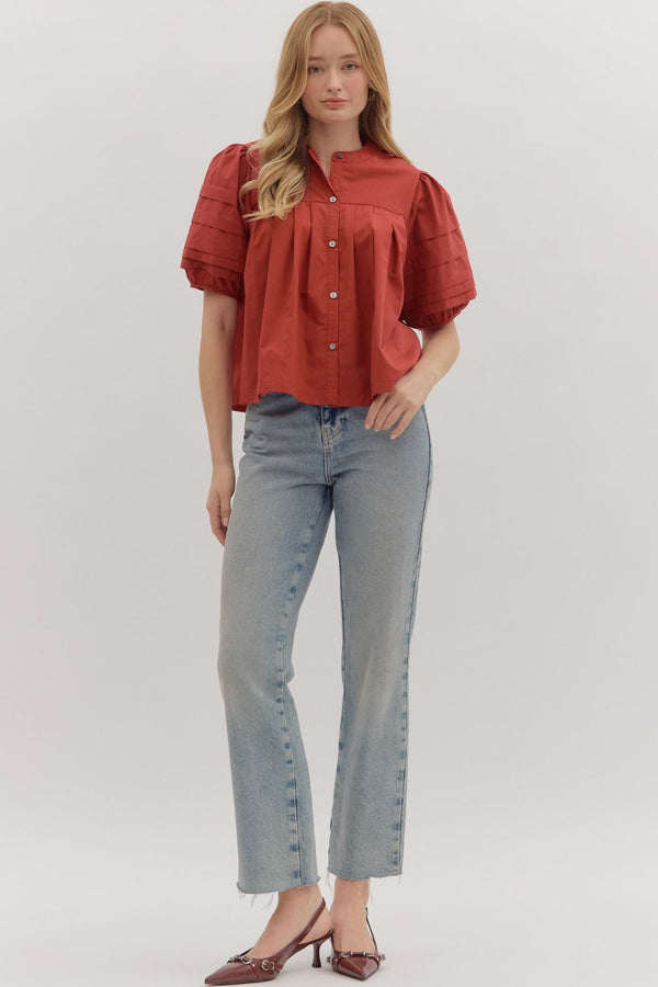 Brick Solid Pintuck Short Puff Sleeve Top
