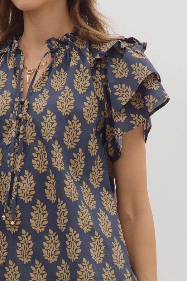 Midnight Botanical Ruffle V Neck Top