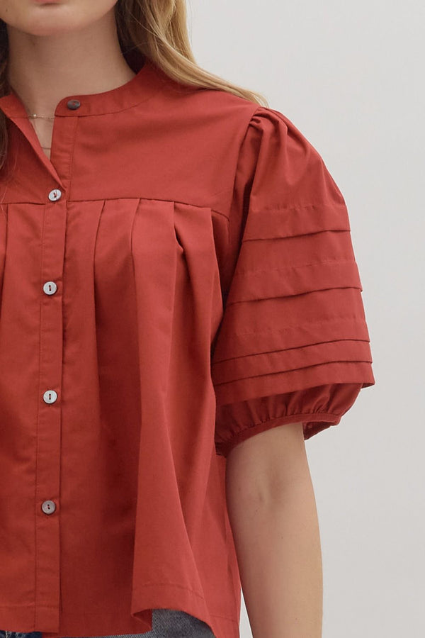 Brick Solid Pintuck Short Puff Sleeve Top