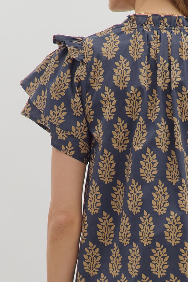 Midnight Botanical Ruffle V Neck Top