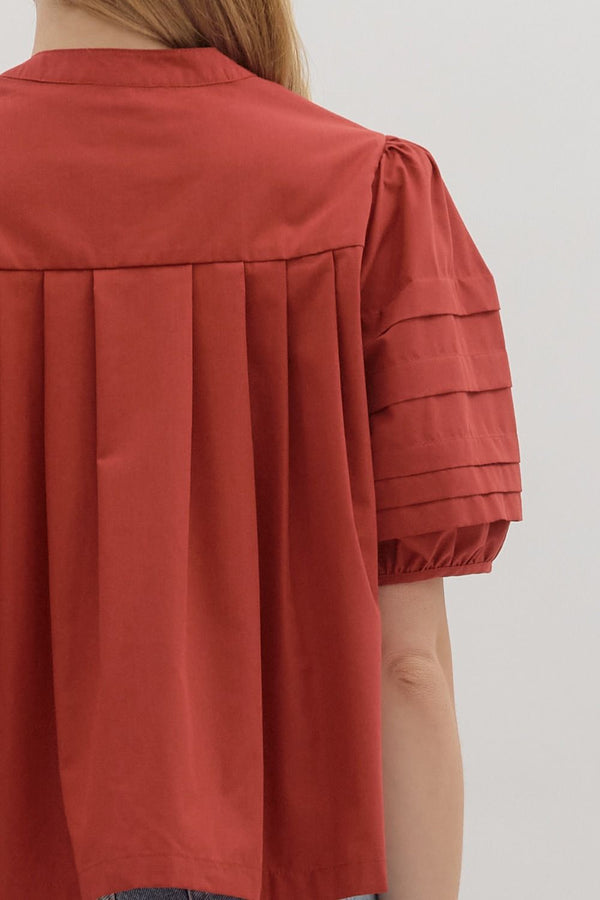 Brick Solid Pintuck Short Puff Sleeve Top