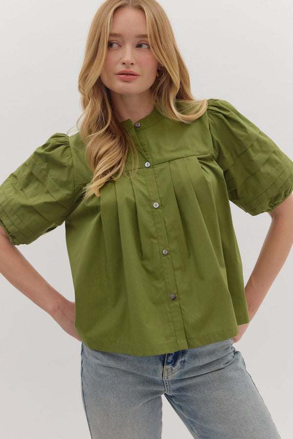 Olive Solid Pintuck Short Puff Sleeve Top
