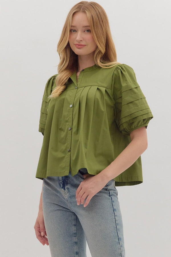 Olive Solid Pintuck Short Puff Sleeve Top