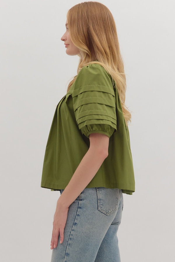Olive Solid Pintuck Short Puff Sleeve Top