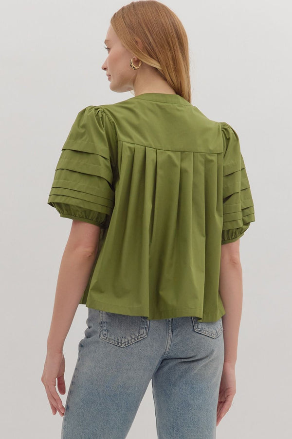 Olive Solid Pintuck Short Puff Sleeve Top