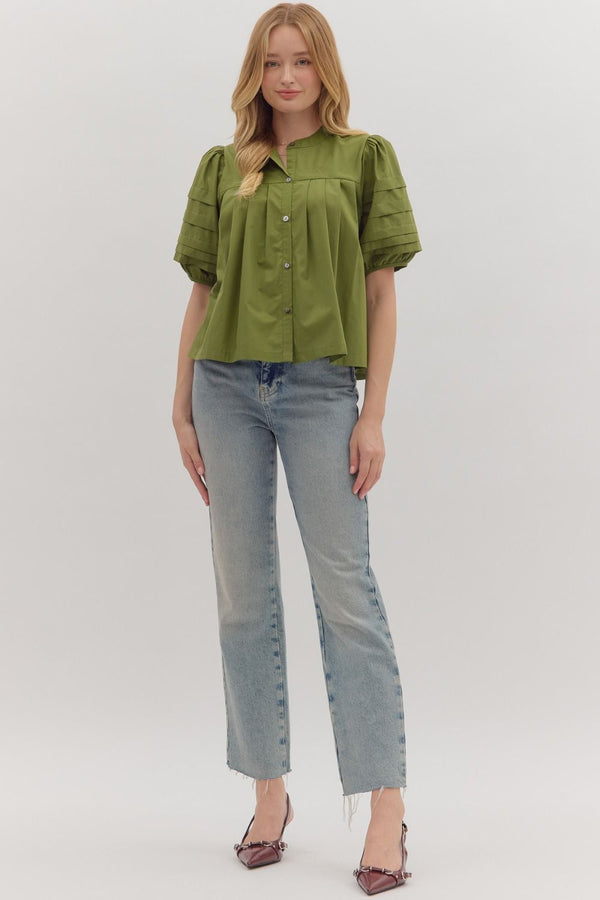 Olive Solid Pintuck Short Puff Sleeve Top