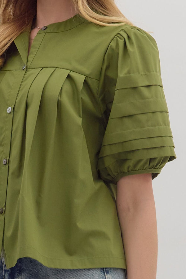 Olive Solid Pintuck Short Puff Sleeve Top