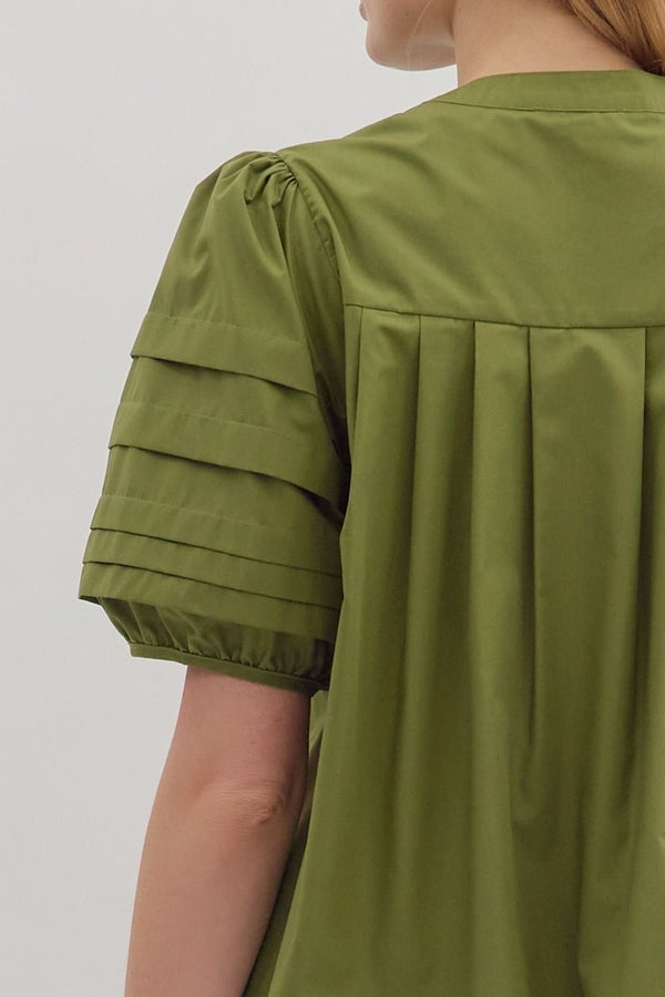 Olive Solid Pintuck Short Puff Sleeve Top