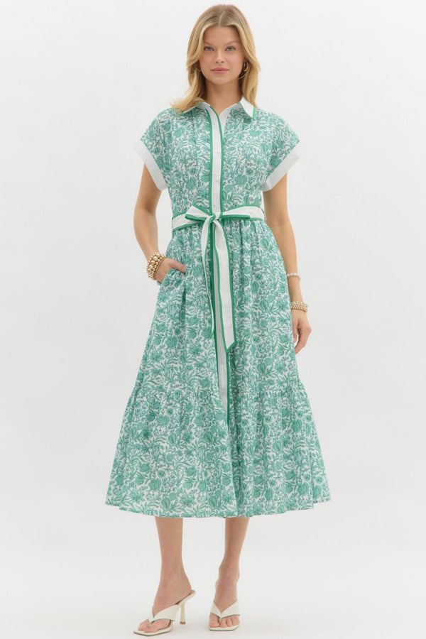 Green Floral Print Midi Dress