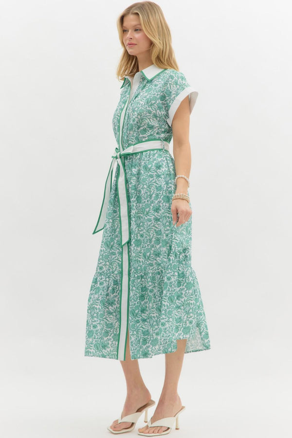 Green Floral Print Midi Dress