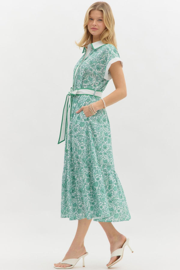 Green Floral Print Midi Dress