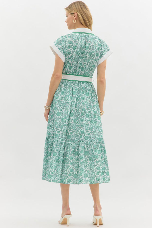 Green Floral Print Midi Dress